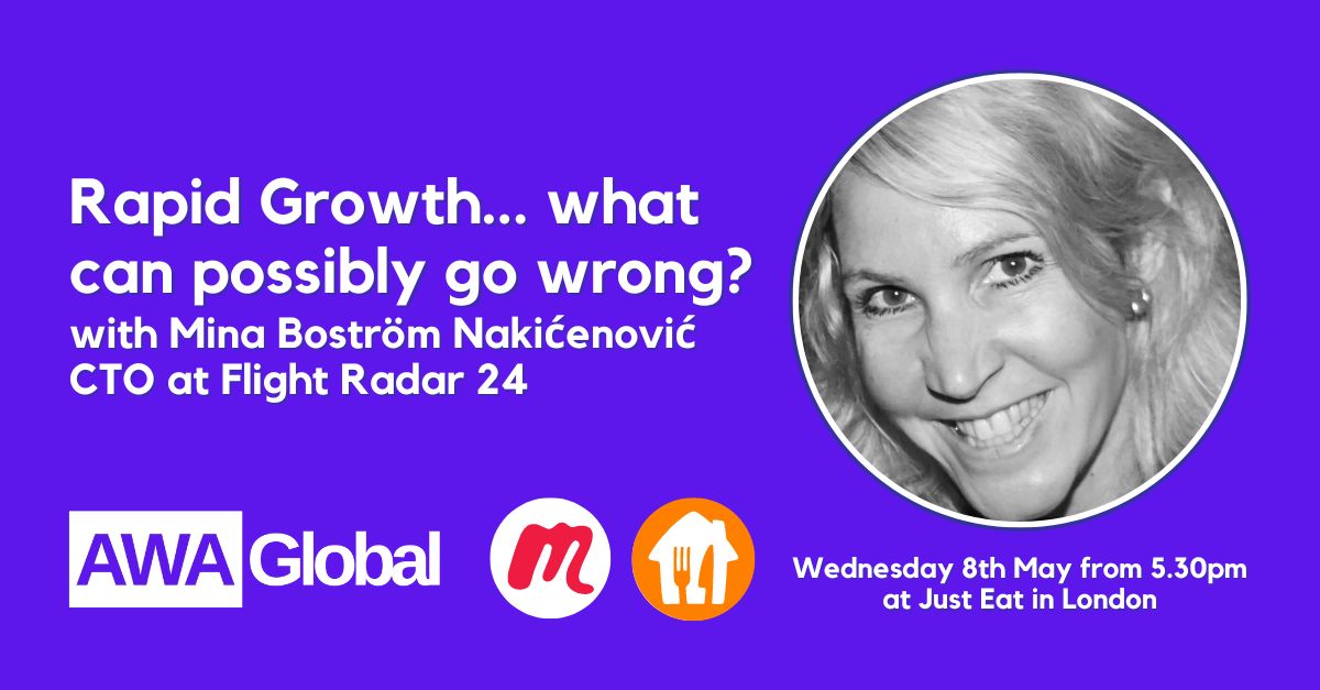 Join us on the 8th May in London for our next in-person Meetup, generously hosted by  <a href="/JustEatTakeaway/">Just Eat Takeaway.com</a>!

The brilliant <a href="/BostromMina/">Mina Boström Nakicenovic</a>, CTO <a href="/flightradar24/">Flightradar24</a>, will give a fantastic talk about rapid growth and business strategy.

Book your free ticket now: meetup.com/adventureswith…