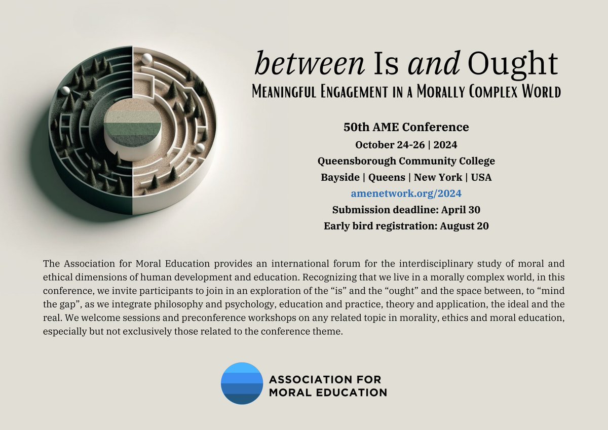 50th Association for Moral Education Conference Call for Papers!  Proposals are due on April 30, 2024.
@ijonmes 
@JournalMoralEd 
@AERA_EdResearch 
@JesmaJournal 
@PIE_Journal