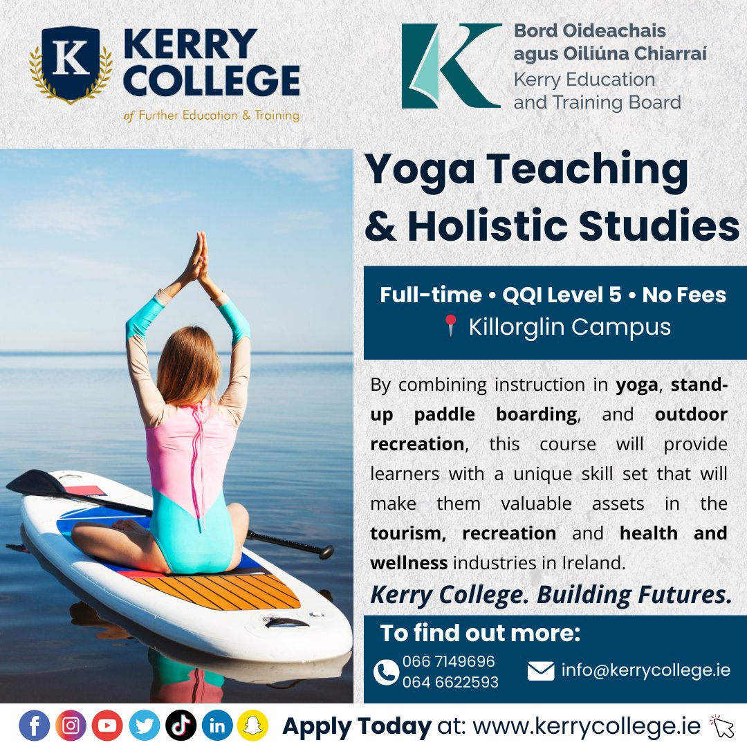 Ready to embark on a journey of self-discovery and holistic wellness? 🧘‍♀️✨ Apply now for our Yoga Teaching and Holistic Studies Course starting on September 2nd, 2024! Best part? No fees! Apply today at kerrycollege.ie/full-time-cour… and start your transformative journey with us!