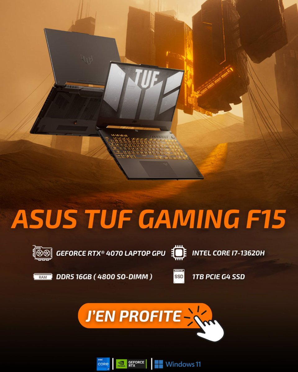 💻 ASUS TUF Gaming F15 / RTX 4070 💻 Un vrai gamer a son PC portable. ➡️ Joue à tes jeux préférés ou que tu sois 👉 flowup.shop/r/uxj Avec son écran 15”, RTX 4070, i7 13e gen, 16 Go DDR5 et 1 To Gen 4, ce PC allie puissance et efficacité pour gamers et professionnels ✅