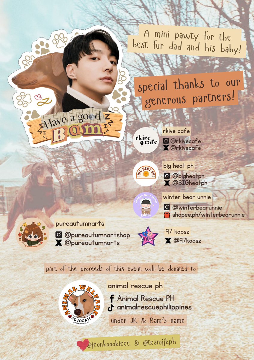 sending some 🤍 to our generous partners! 🌟

🦴 <a href="/pureautumnarts/">Pureautumnarts</a> 
🦴 <a href="/rkivecafe/">rkive café</a> 
🦴 <a href="/BIGheatph/">Big heat</a> 
🦴 <a href="/97koosz/">⭑</a> 
🦴 winterbearunnie

a portion of your fee will be donated to Animal Rescue PH under JK &amp; Bam Jeon’s name 🐾

#haveagoodBAM
<a href="/teamjjkph/">all4jjk ᕱ⑅ᕱ</a>