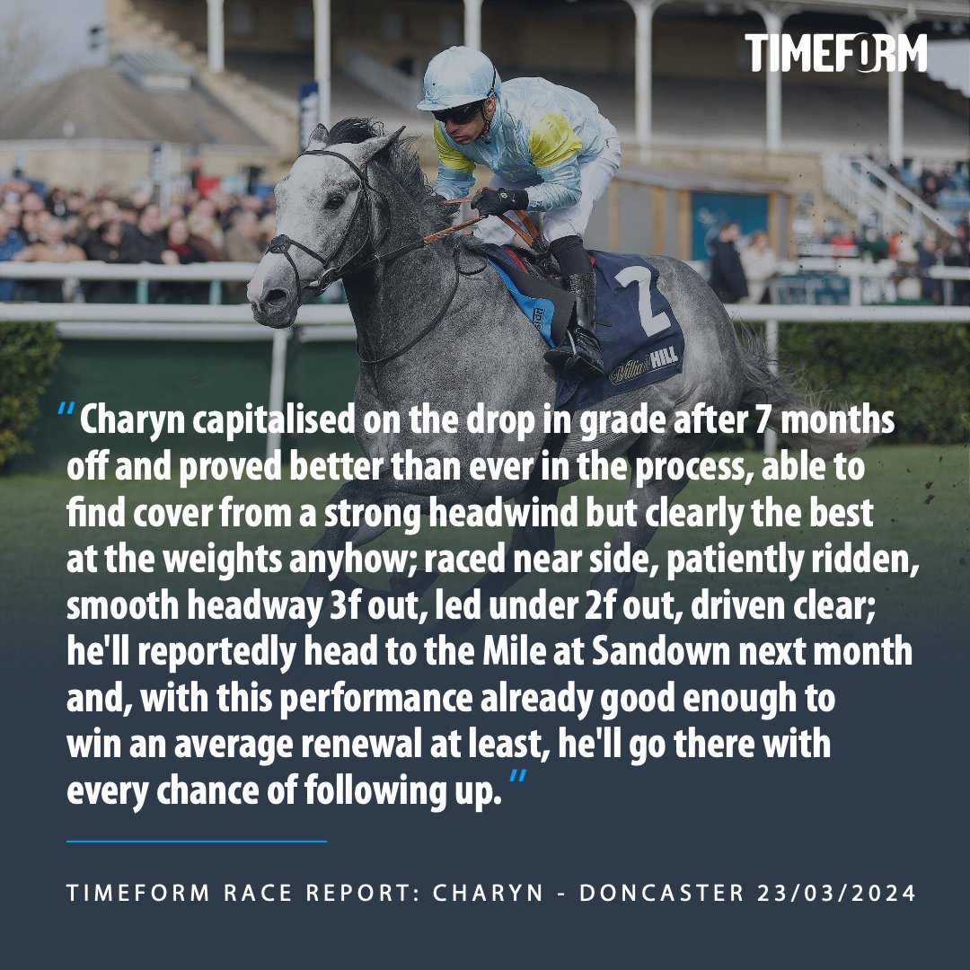 ✅ 'This performance already good enough to win an average renewal of the 𝗕𝗲𝘁𝟯𝟲𝟱 𝗠𝗶𝗹𝗲 at least, he'll go there with every chance of following up.' 📝 Check out the Timeform race report following 𝘾𝙝𝙖𝙧𝙮𝙣'𝙨 victory in the (Listed) Doncaster Mile Stakes last month: