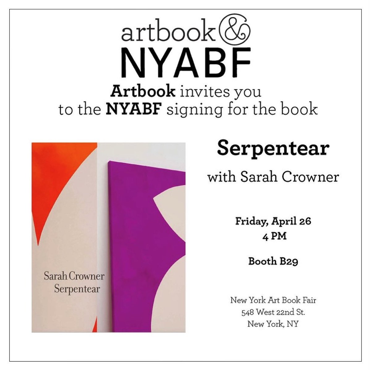 Today, at 4 PM, the artist Sarah Crowner will be signing copies of her book ‘Serpentear’ at @artbook in New York. ¡Do not miss her!