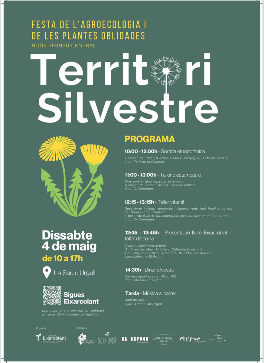 🌱 Festa de l'agroecologia i de les plantes oblidades a #laSeu organitzat per @eixarcolant 📲 Dissabte 4 de maig es realitzaran activitats al llarg de tot el dia al Centre Històric, a l'Ateneu i a la llibreria @ElRefugiCoop ⚠️ Algunes activitats requereixen inscripció prèvia