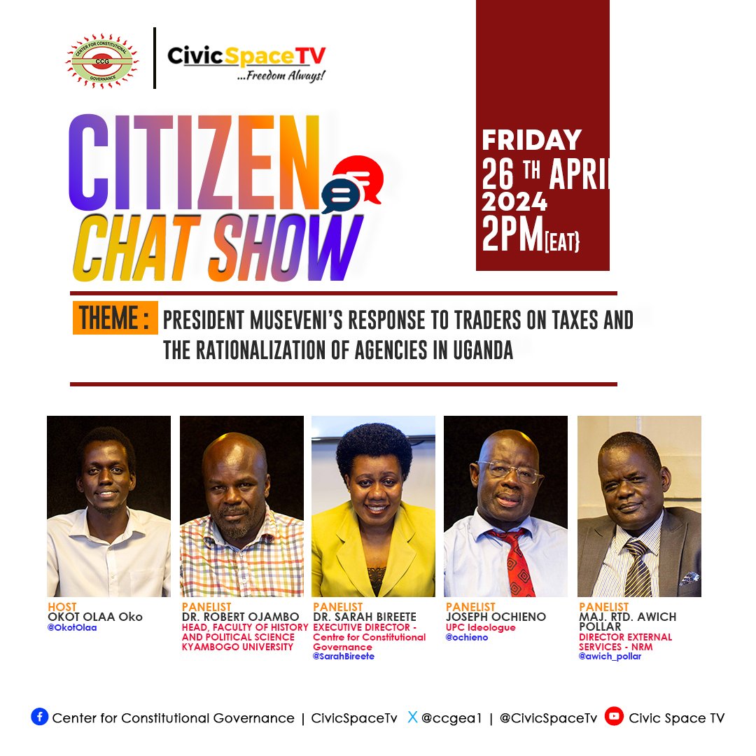 COMING UP... #CitizensChatShow on #CivicSpaceTV about President Museveni's response to traders on taxes and the Rationalization of agencies in Uganda. Link:youtu.be/qyz81OLNPoo?si… Join the conversation at 2:00PM and subscribe to the channel. @OkotOlaa @SarahBireete @Ochieno