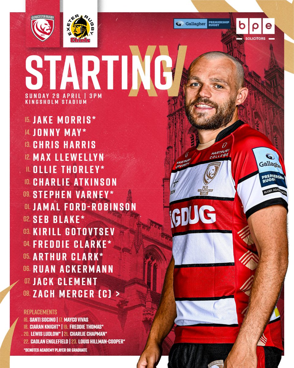 𝙏𝙚𝙖𝙢 𝙣𝙚𝙬𝙨 🔢 Your Gloucester Rugby team to take on @ExeterChiefs at Kingsholm on Sunday afternoon. 📰 bit.ly/GloExeTeam 🎟 bit.ly/GloExeTix 🤝 @BPE_Solicitors #GLOvEXE | 🍒⚔️