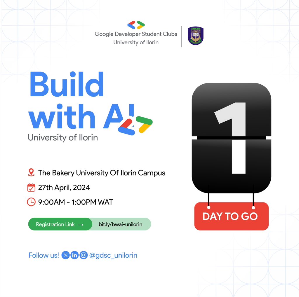 Only 1 day left!🎉🎉🎉 Get ready for an incredible event where we learn, connect, and innovate Don't miss out on this. It's an opportunity to enhance your skills, build new connections, and innovate with AI. Can't wait to see you there! #BuildwithAI #BuildwilthAIUnilorin