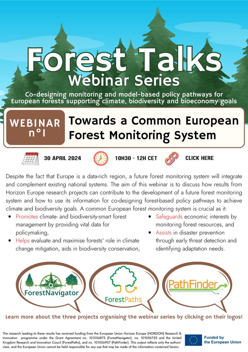 Inviting everyone to the first session of #ForestTalks, the webinar series organized by @forestpaths_eu @EuPathfinder and @ForestNavigEU, happening this 30th of April! 🌳🏔️🛰️ Register now and follow our news link for more info: fprn.info/forest-talks-w…