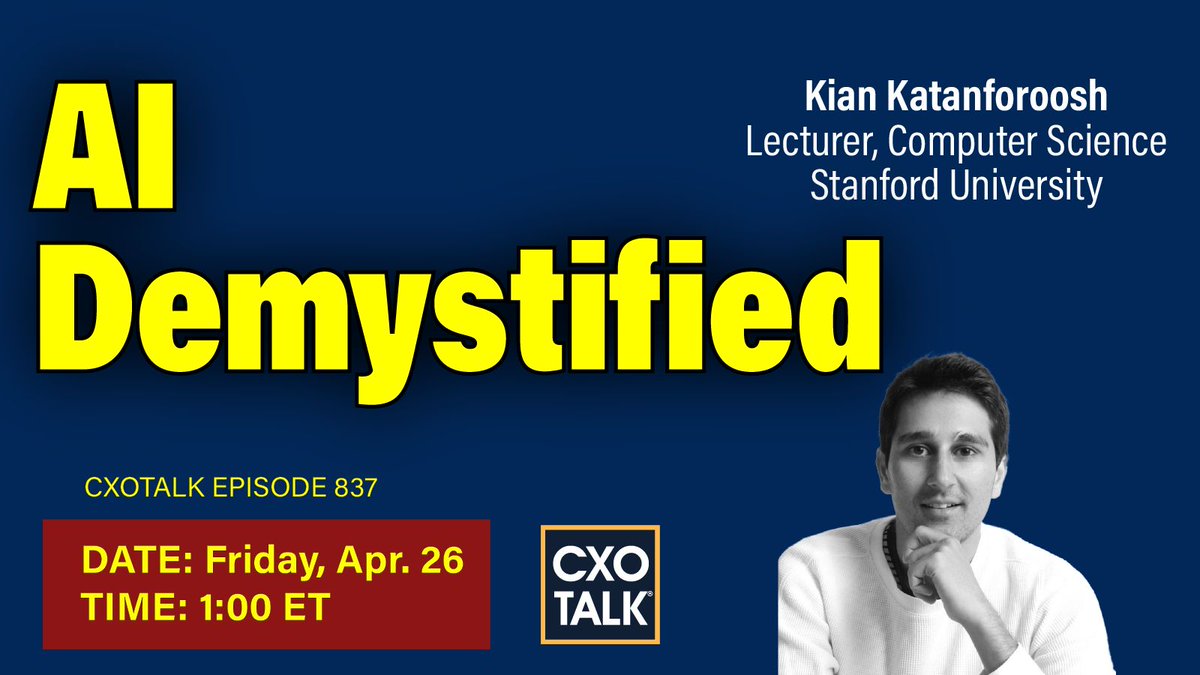 TODAY Fri. 26 April 2024, LIVE, 1 pm ET/ 10 am PT AI Workforce Transformation Join #CXOTalk guest @KianKatan, lecturer @Stanford, and CEO & Co-Fndr @Workera_ cxotalk.com/episode/demyst… What types of work will #AI be most useful? #COO #CHRO #SkillsDevelopment #WorkforceDevelopment