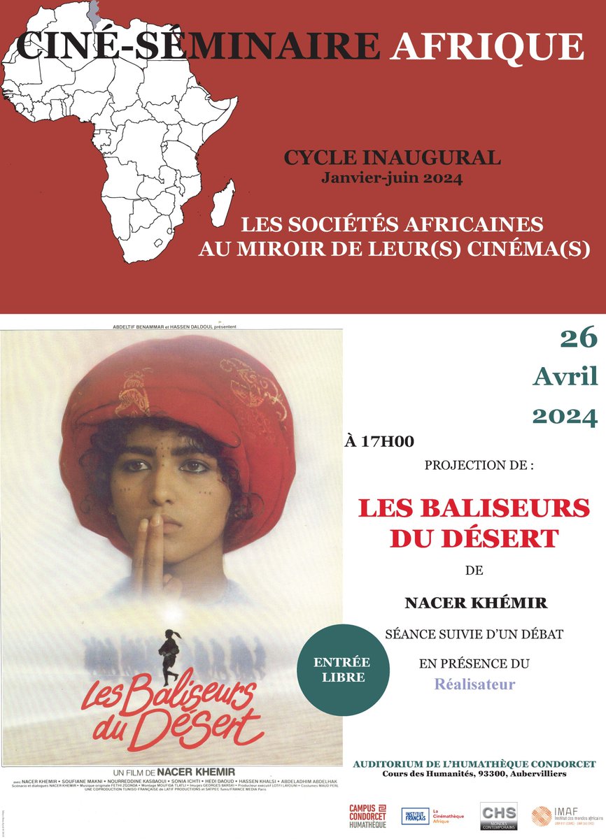 🌍🇹🇳| Ciné-séminaire Afrique de l'Imaf Ce soir l' @Humatheque accueille la projection du film de Nacer Khemir : 'LES BALISEURS DU DÉSERT (1984)' Suivi d'une discussion entre le réalisateur et le public. 📍Auditorium 🕐 17 h →humatheque-condorcet.fr/fr/agenda-de-l…