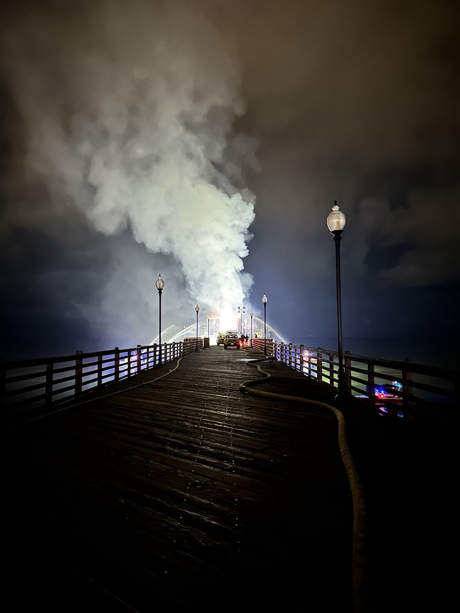 Pier fire update: Crews worked through the night and will continue to work today. The unstable restaurant structure means crews can’t attack the fire from inside, so the fight will continue from the exterior.