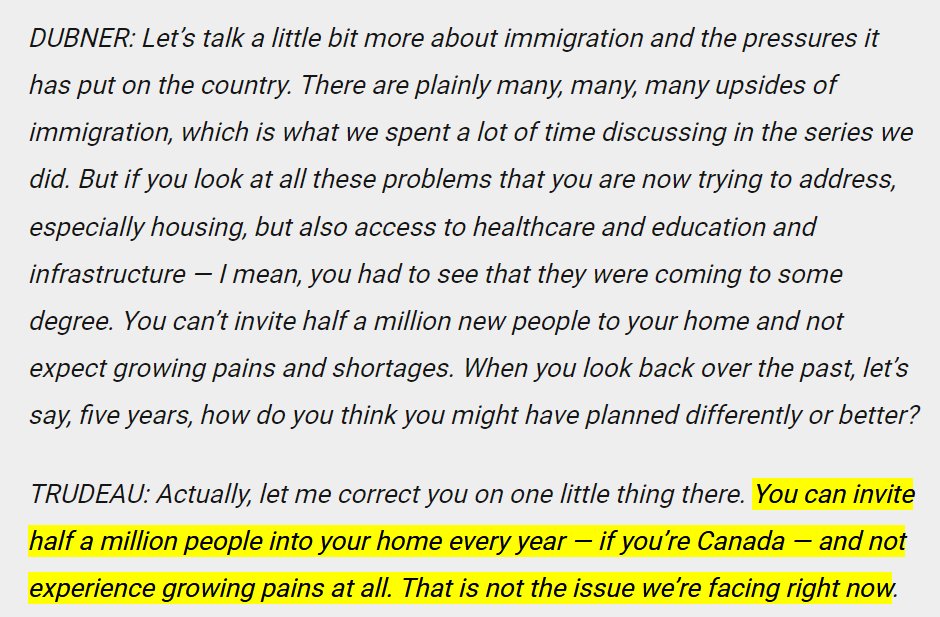 Trudeau goes on in this podcast to say that the pressure actually is coming from permanent/temporary residents and international students. Practically speaking though, it's anyone new. Regardless of status, everyone needs a home. We aren't immune to growing pains.