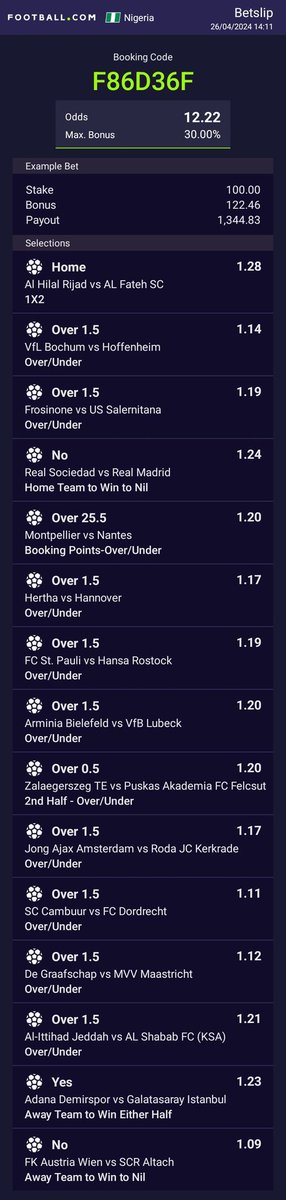 12+odds 

F86D36F (code works for Sportybet too). 

Kindly RT for others.