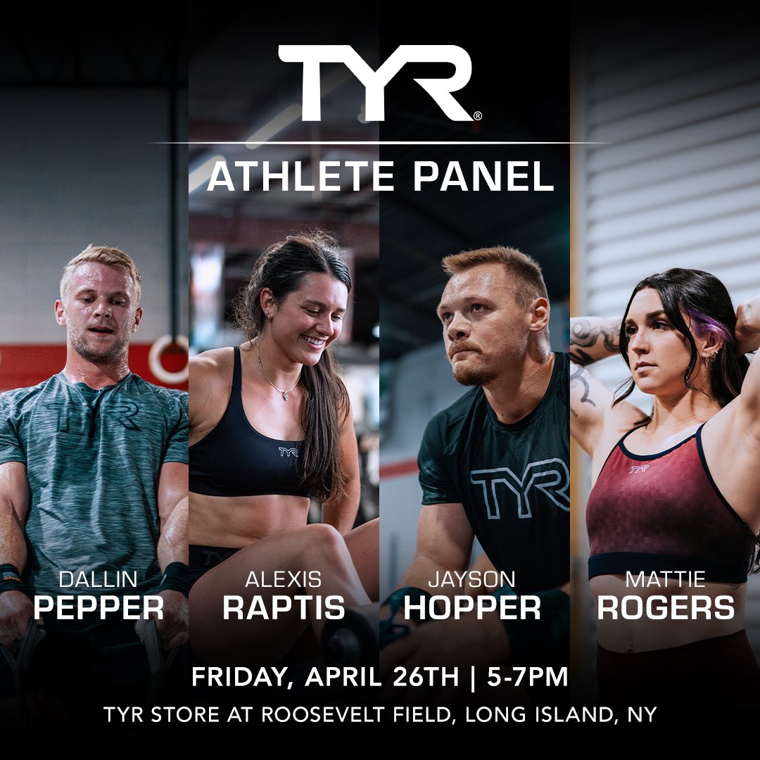 Join Team TYR's Athlete Panel tonight at our Roosevelt Field location on Long Island from 5-7 p.m.! Dallin Pepper, Alexis Raptis, Jayson Hopper, & Mattie Rogers will be answering questions and taking pictures. Plus, all attendees will receive 20% off full price items!