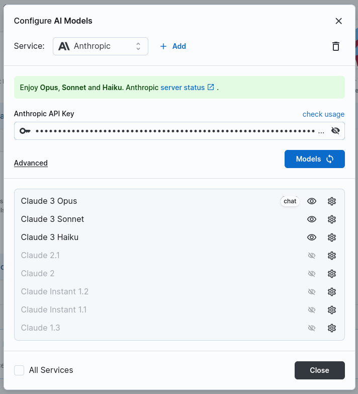 codewithcheese's tweet photo. Inspired by big-AGI's interface for configuring AI model  services. Tried to loosely recreate it using @v0 I think you can guess which is the original, but bad tho. https://t.co/LEjhFJs7rH