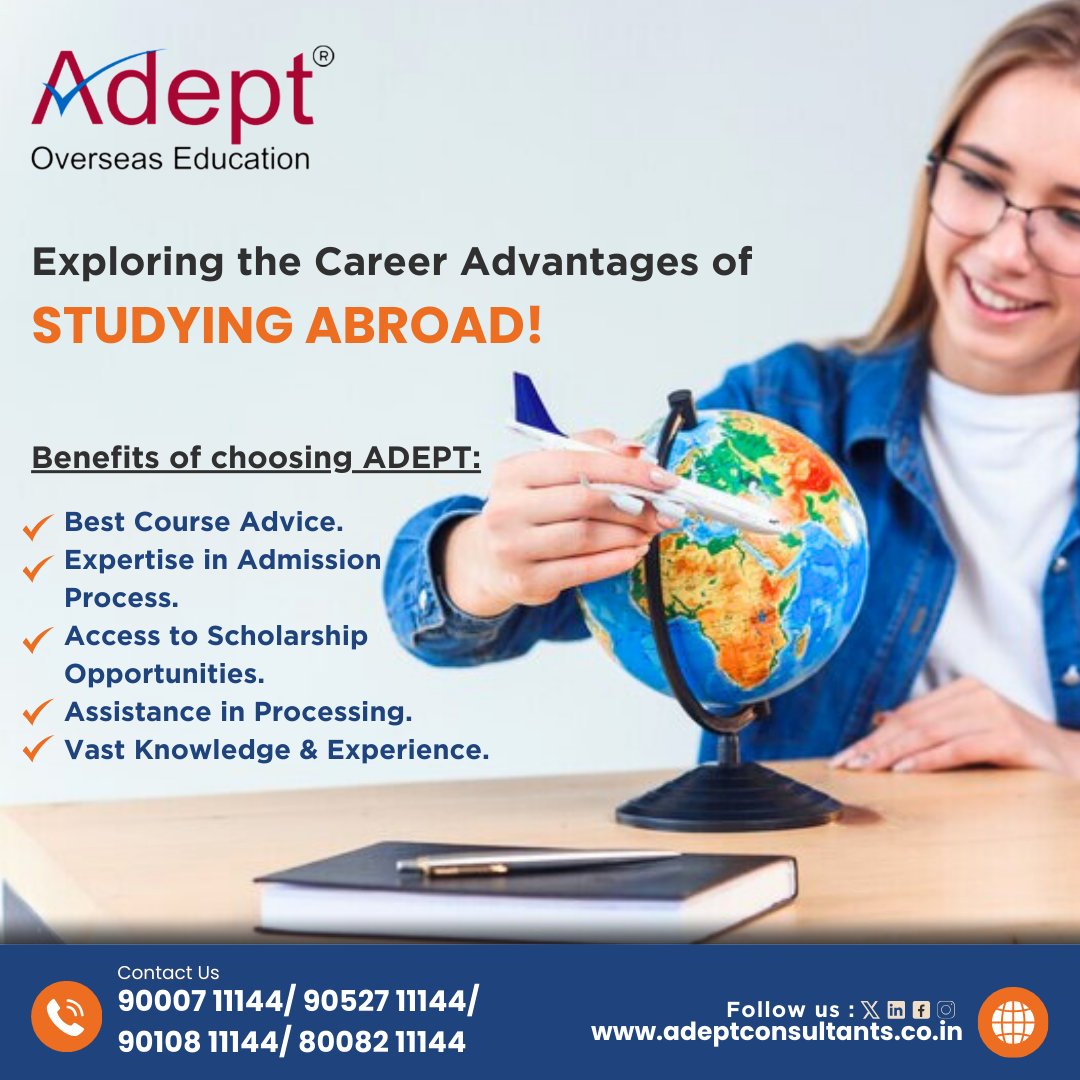 Benefits of choosing ADEPT:

Best Course Advice.
Expertise in Admission Process.
Access to Scholarship Opportunities.
Assistance in Processing.
Vast Knowledge & Experience.

#Adeptoverseaseducation #StudentVisa #TopUniversity #scholarships #Benefitsofchoosingadept