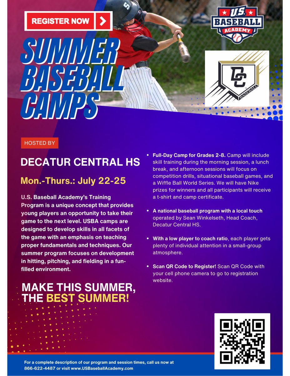 DC Baseball Summer Camp
Camp registration is online here: 
SUMMER CAMP // Decatur Central HS // Indianapolis usbaseballacademy.com

Full DayCamp for Grades 2-8: July 22-25
Camp will include skill training in the morning, lunch, and afternoon sessions focused on competition.