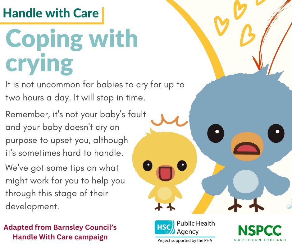 Infant crying can be upsetting but is normal and WILL stop! Babies cry more often from two weeks of age, peaking at around two months, and we know that's not easy for parents. Follow our advice on what works for babies at bit.ly/3IMuamd @publichealthni #HandleWithCareNI