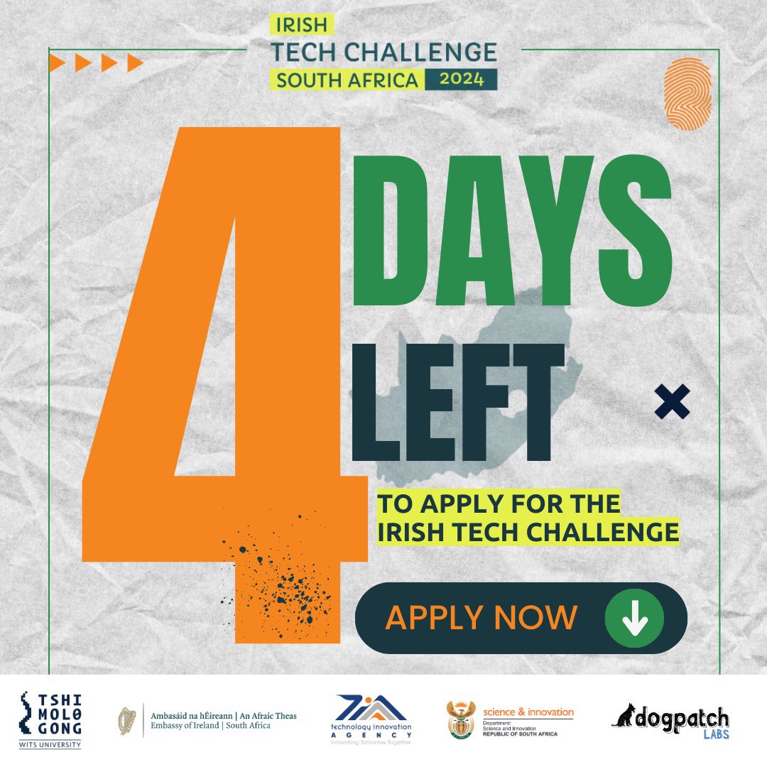 Only 𝟒 𝐃𝐀𝐘𝐒 left to apply for the #irishtechchallenge!! Apply NOW! To give your tech startup the opportunity to reach new heights and access the international market. Apply here: irishtechchallenge.com Closing date: 30 April 2024