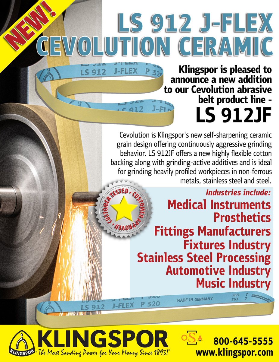 klingsporusa's tweet image. Klingspor is bringing a new addition to our Cevolution abrasive belt product line!! LS 912 J-Flex Cevolution Ceramic!!
#klingspor #klingsporabrasives #cevolution #abrasivebelt #LS912 #new #funfactfriday