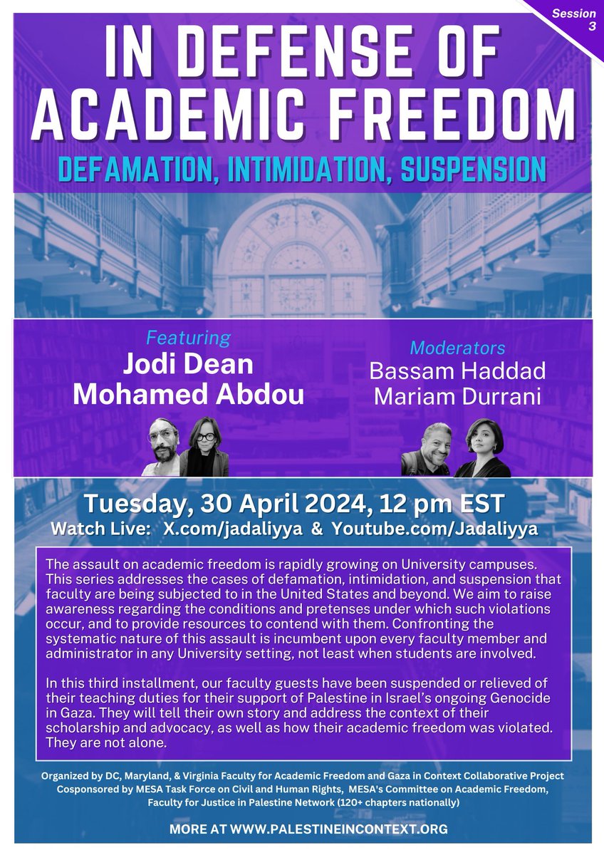 In this installment, @Jodi7768 @minuetinGmajor will discuss being suspended or relieved of their teaching duties for supporting Palestine in Israel’s ongoing Genocide in Gaza with @4bassam @mariamdurrani 'In Defense of Academic Freedom Part 3 (30 April)' buff.ly/4aTtrvW