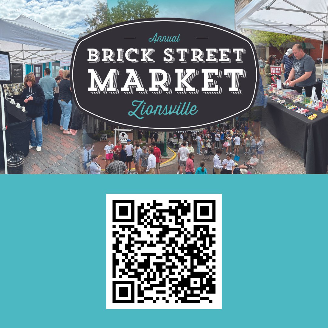 Everything you need to know about the Brick Street Market happening next Sat. May 4th can be found by scanning the QR Code below! Thanks to our Website sponsor @Metronet  Fiber! 
#BrickSteetMarket #ZionsvilleChamber #Vendors #CraftFair #CommunityEvent