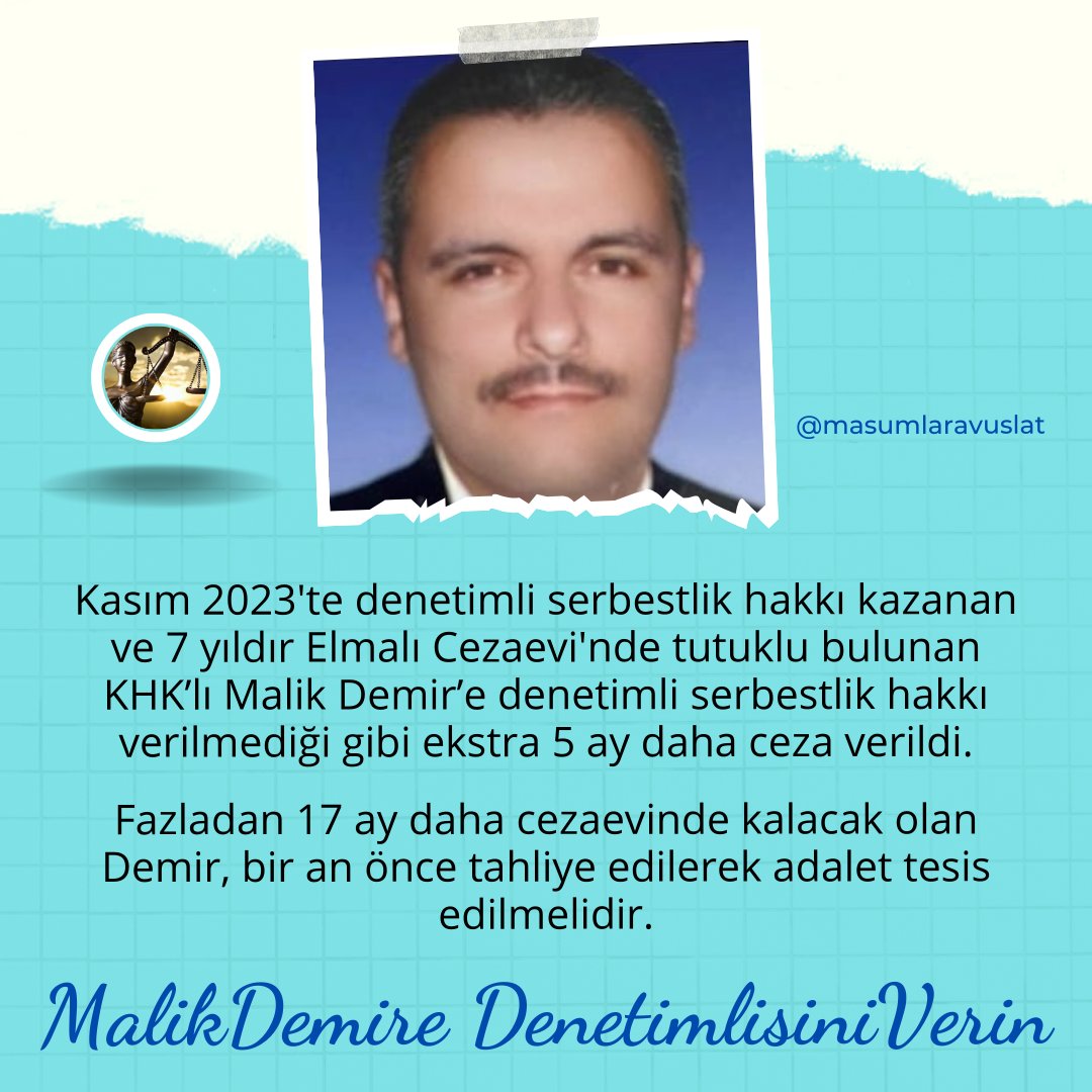 Kasım 2023'te denetimli serbestlik hakkı kazanan KHK'lı Malik Demir’e denetimli serbestlik hakkı verilmediği gibi ekstra 5 ay daha ceza verildi. Fazladan 17 ay daha cezaevinde kalacak olan Demir, bir an önce tahliye edilmeli. @LivaneliZulfu MalikDemire DenetimlisiniVerin