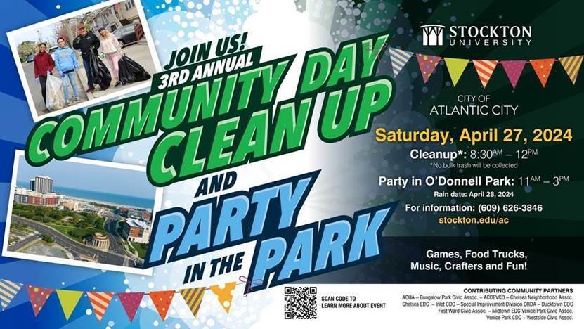 Don't forget today is @Stockton_edu Community Day Clean Up and Party in the Park 🧹🎉 Keep an eye out for the City of Atlantic City Department of Public Works table and learn about the upcoming 3rd year of our Project Clean Communities initiative!