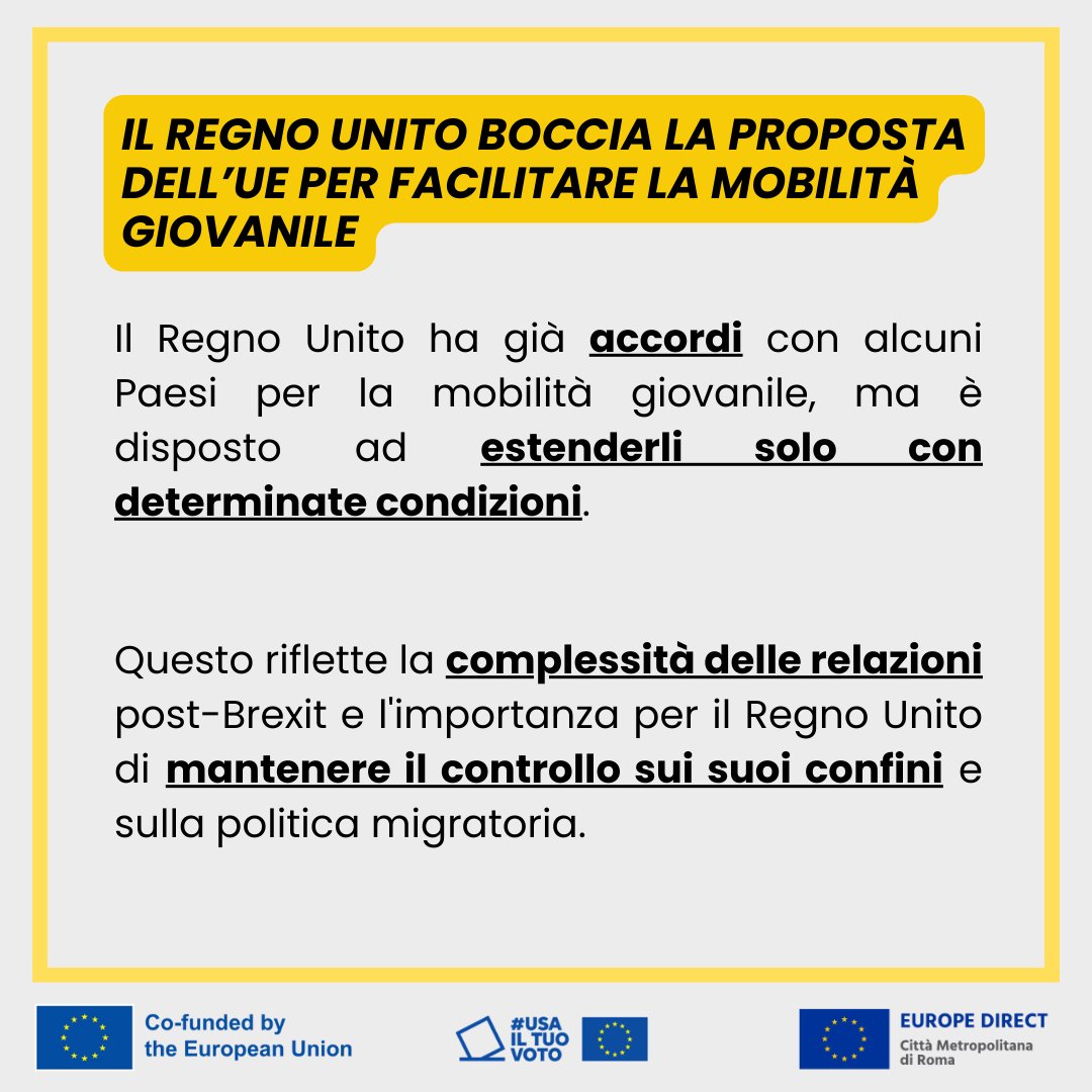 Il Regno Unito respinge la proposta dell'UE sulla mobilità giovanile.

Le implicazioni future su cooperazione e opportunità giovanili rimangono incerte.

Se vuoi leggere l'articolo completo: progeu.org/il-regno-unito…

#ED #UE #UK #mobilità #giovani #migrazioni #UsaIlTuoVoto