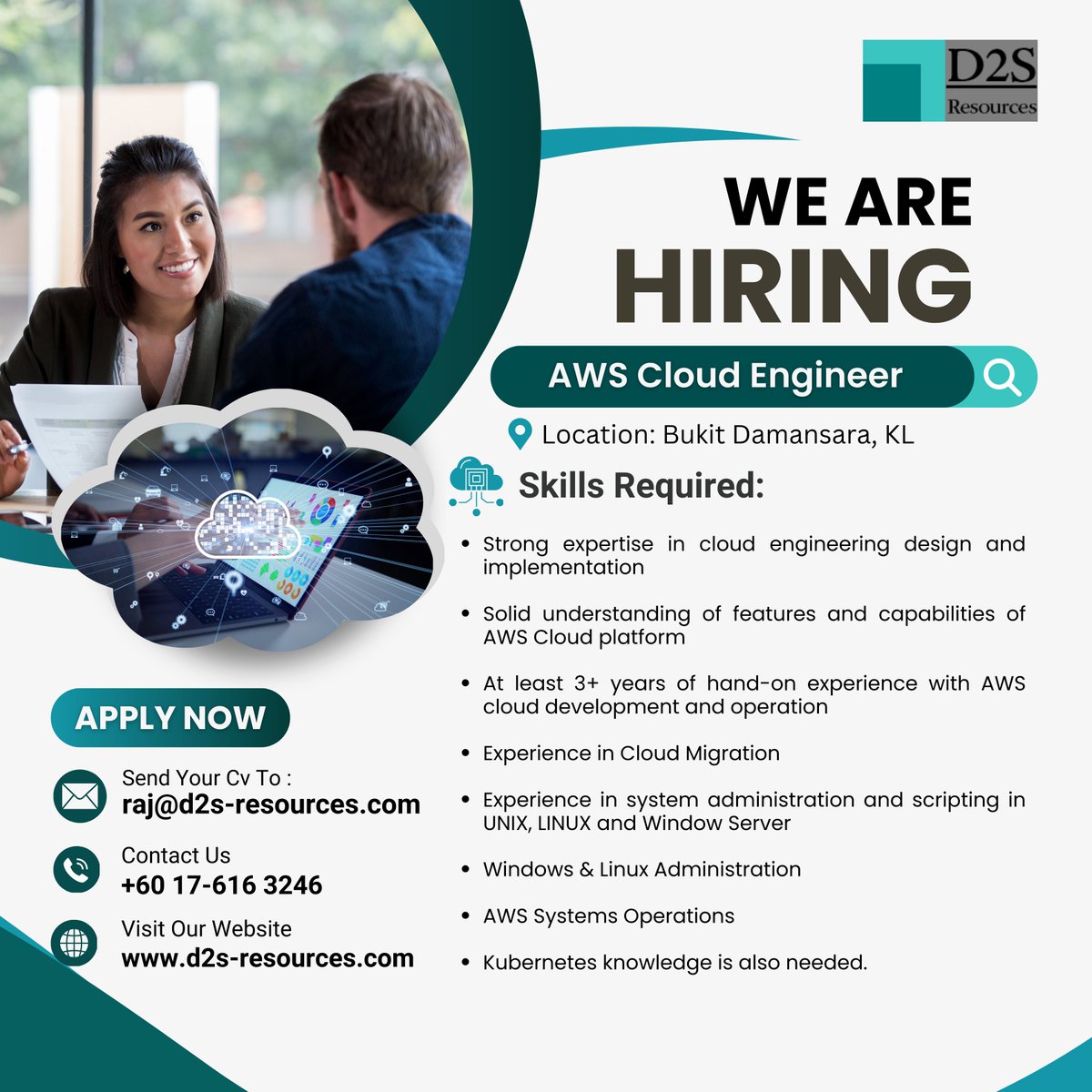 🙋 ☁️ Attention Cloud Engineers! D2S Resources Sdn Bhd is on the lookout for talent in Bukit Damansara, KL. Apply now by sending your resume to 📧 raj@d2s-resources.com.
🌐d2s-resources.com
#CloudJobs #AWSCloudEngineer #AWS #TechJobs #KL #CareerGrowth #InterviewTips #d2s