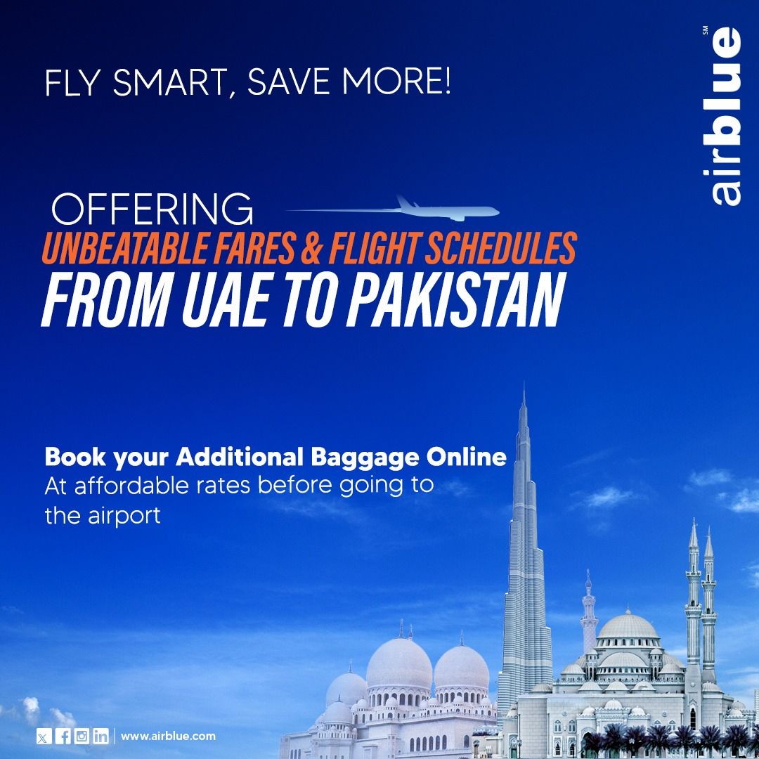 Your journey from the UAE to Pakistan just got easier! Book your baggage online now at budget-friendly rates. Go to airblue.com #airblue #baggage #uae #pakistan #budgetfriendlyfares