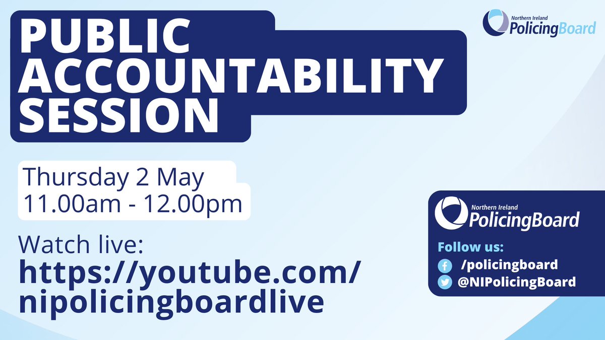 We’ll be livestreaming our public accountability on Thursday 2nd May. We’re back in Board offices which means if you wish, you can once again attend in person, or catch the livestream on our YouTube channel. Subscribe now to be notified when we go live: youtube.com/nipolicingboar…