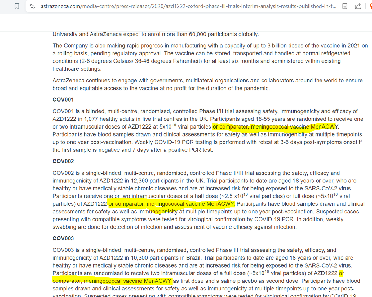 I don't think it's widely known but three out of four of the phase 3 AZ COVID vaccine trials used to measure its safety and effectiveness prior to its emergency use approval used a Meningitis vaccine, not saline, as the comparator with the COVID vaccine under test.

Talk about…