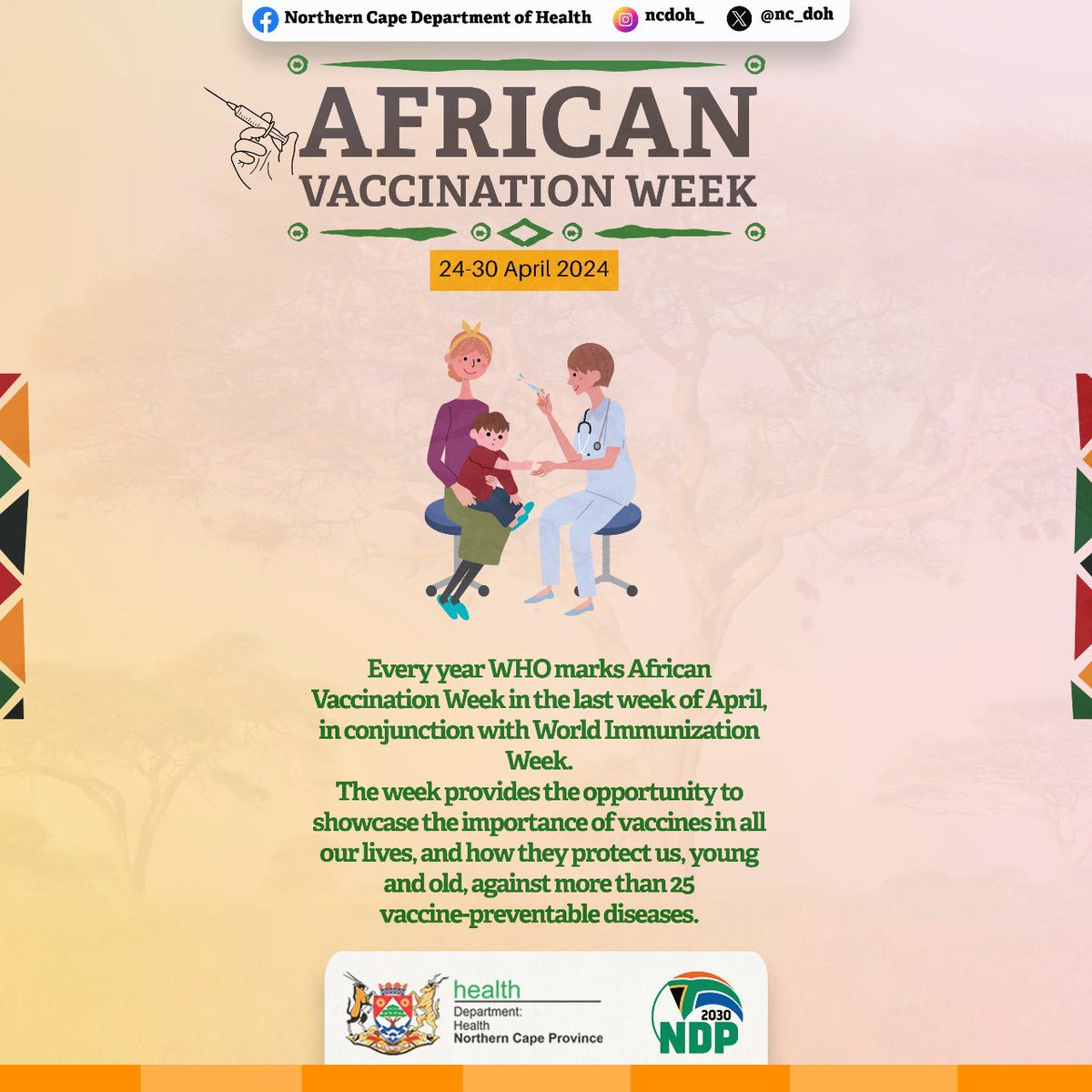 💡 African Vaccination Week  or African Immunisation Week  is celebrated from the 24-30 April to raise awareness on the importance of vaccines and immunisation and encourage parents to vaccinate their children against deadly diseases.  💉

#AfricanVaccinationWeek2024 
#NCDOH2024