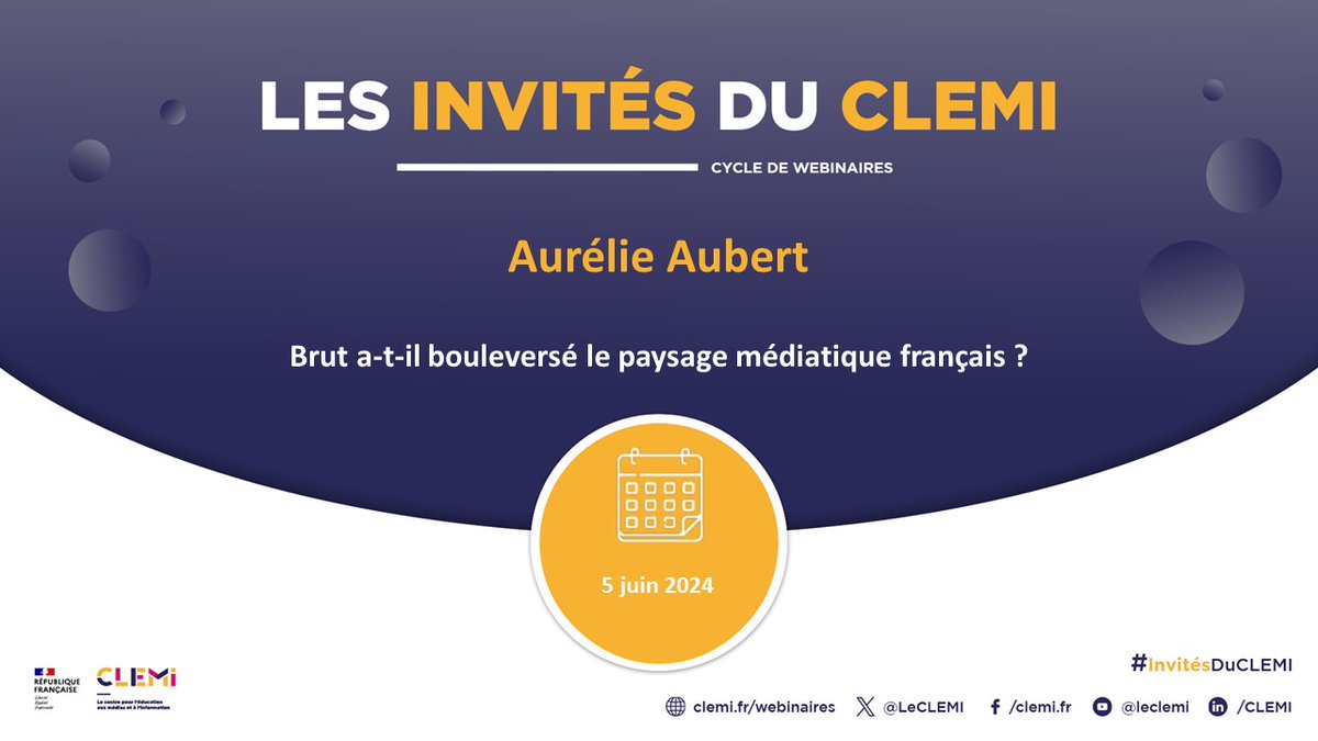 📌Les rendez-vous #EMI à ne pas manquer : Le 5 juin retrouvez #LesInvitésduCLEMI - Aurélie Aubert vous parlera de la place du média BRUT dans le paysage médiatique français @LeCLEMI @brutofficiel mediaeducation.fr/formation/webi…