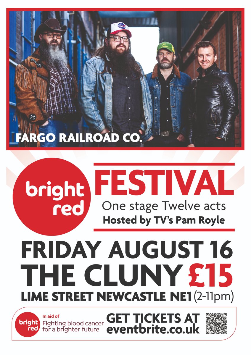 The @BrightRedOrg music festival takes place at @thecluny on Fri Aug 16th. Featuring 12 acts, the festival is headlined by @fargo_rail_co . Tickets available at Eventbrite via the link below. eventbrite.com/e/bright-red-m… #livemusic #festival #thecluny