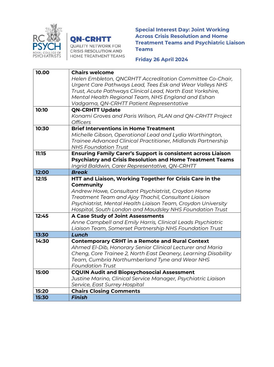 Joining on the ‘QN-CRHTT and PLAN Special Interest Day: Joint Working’ event today. 
Really interesting hearing from the perspective of family carers 
#alwaystheresalfordurgentcare
#gmmh 
#rcpsych #PLAN