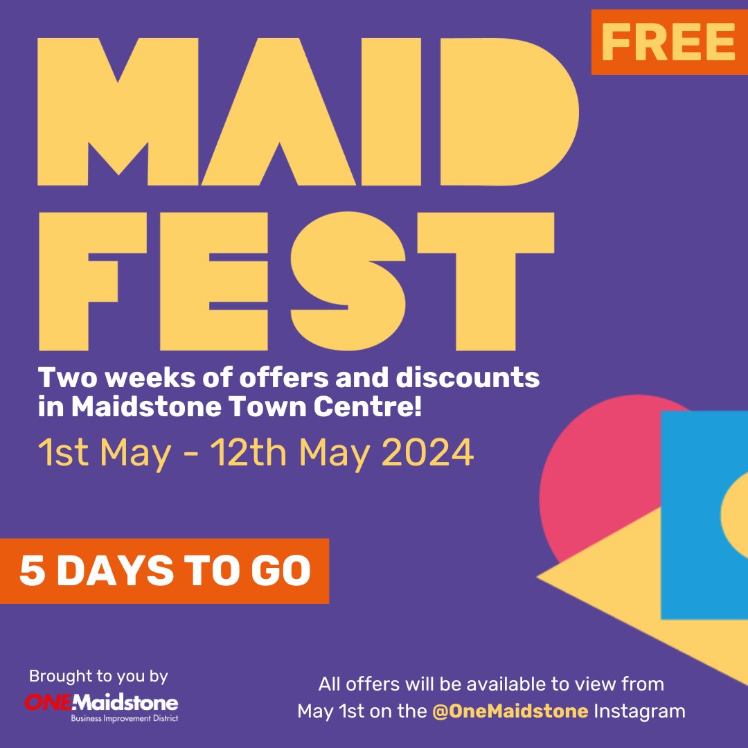 After the success of previous years, we're once again bringing MAIDFEST back to Maidstone! Two weeks of offers, discounts and goodies in Maidstone! ⭐️ Don't miss out on the offers available - set a reminder in your calendar to visit @onemaidstone on Instagram on May 1st ⭐️