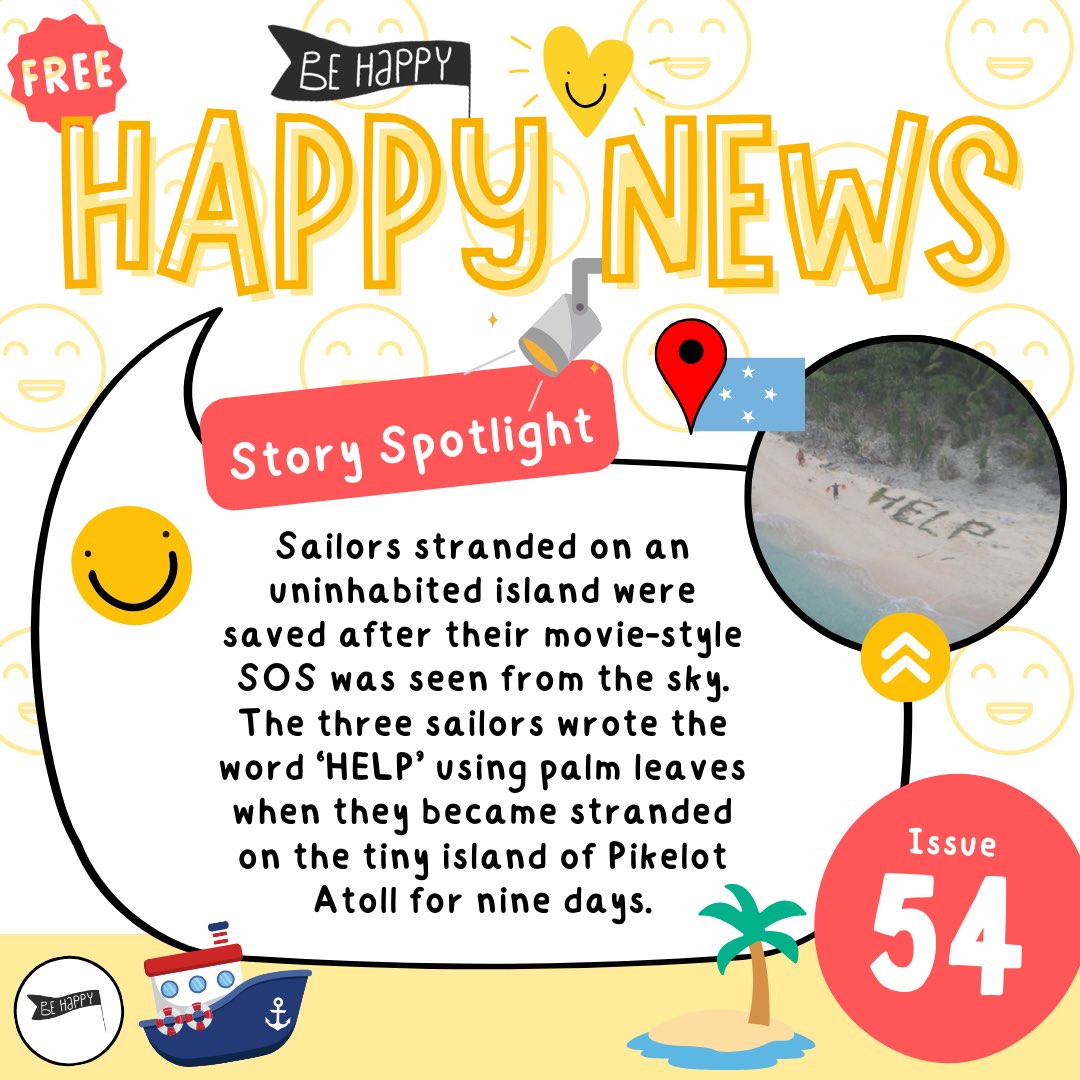 behappyresource's tweet image. It actually works! 🏝️ All three men are said to be doing well after becoming stranded on a tiny island in Micronesia after setting off on a sailing trip from the US.

Issue 54 of Happy News out now! Download it for FREE ⬇️
behappyresources.co.uk/happy-news