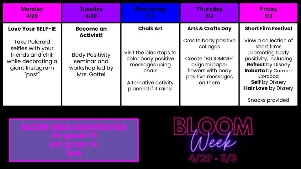 April showers bring May flowers! 🌸 Join BLOOM for any or all of the activities next week in the PRISM room! Educators and students are welcome! #bodypositive #bodypositivity #TeamCommUNITY