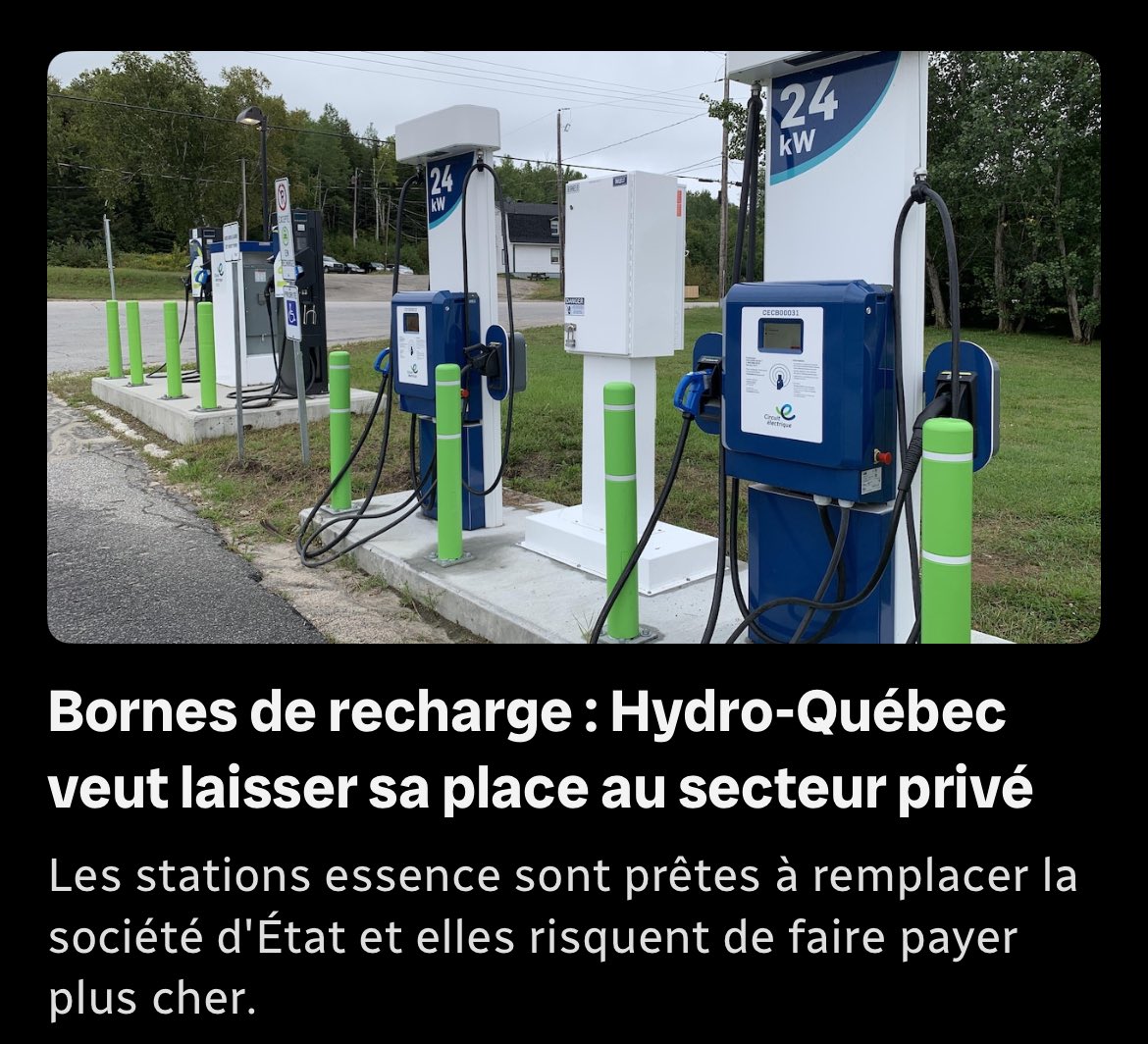 Hydro-Québec se prépare à prendre du recul dans le déploiement des bornes électriques sur les routes et laisser le privé s'emparer du marché, à partir de 2030. Les stations essences sont prêtes à remplacer et risquent de faire payer plus cher. ici.radio-canada.ca/nouvelle/20677…
