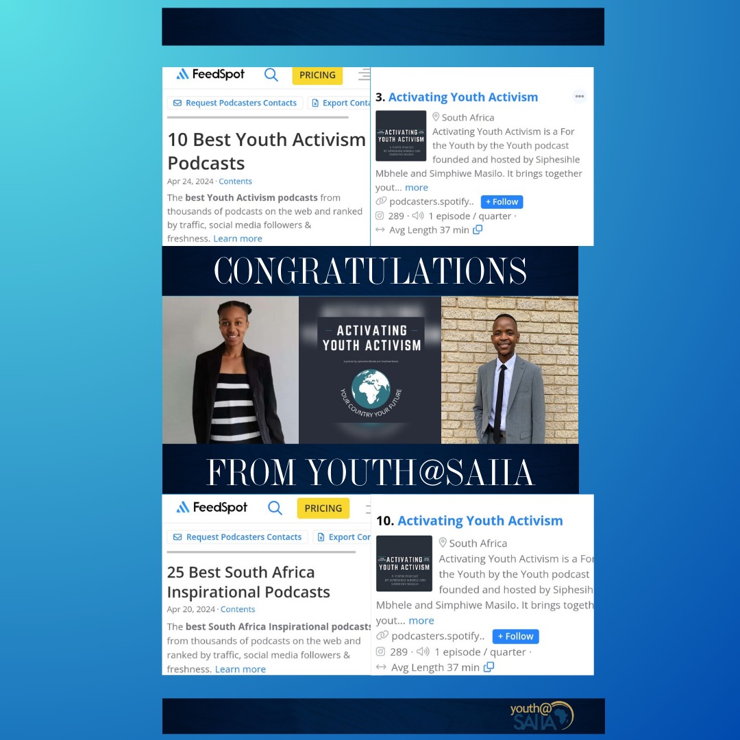 🌟 Big News! 🎉 Our intern's Simphiwe Masilo & former YPC member Siphesihle Mbhele's podcast, Activating Youth Activism (AYA), ranked #3 in the UK's top 10 youth activism podcasts & #10 in South Africa's top 25 inspirational podcasts by Feedspot! #YOUthAreLeading
