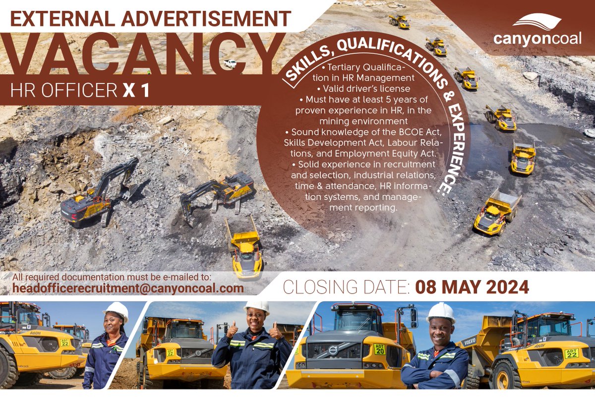 Job Vacancy Announcement: Canyon Coal has an opening for an HR Officer to be based at Gugulethu Colliery located within the Msukaligwa Municipality. Check out the link: canyoncoal.com/careers-announ… … to find the full job specs and how to apply. Application closing date: 08 May…