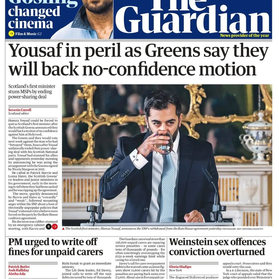 Next weeks no confidence vote is @HumzaYousaf's critical test after a fraught year in office. A political consultant says he's staked his leadership on the new direction & if he survives he'll be in a stronger position. Some gloat & others say he's 'considering his position'.