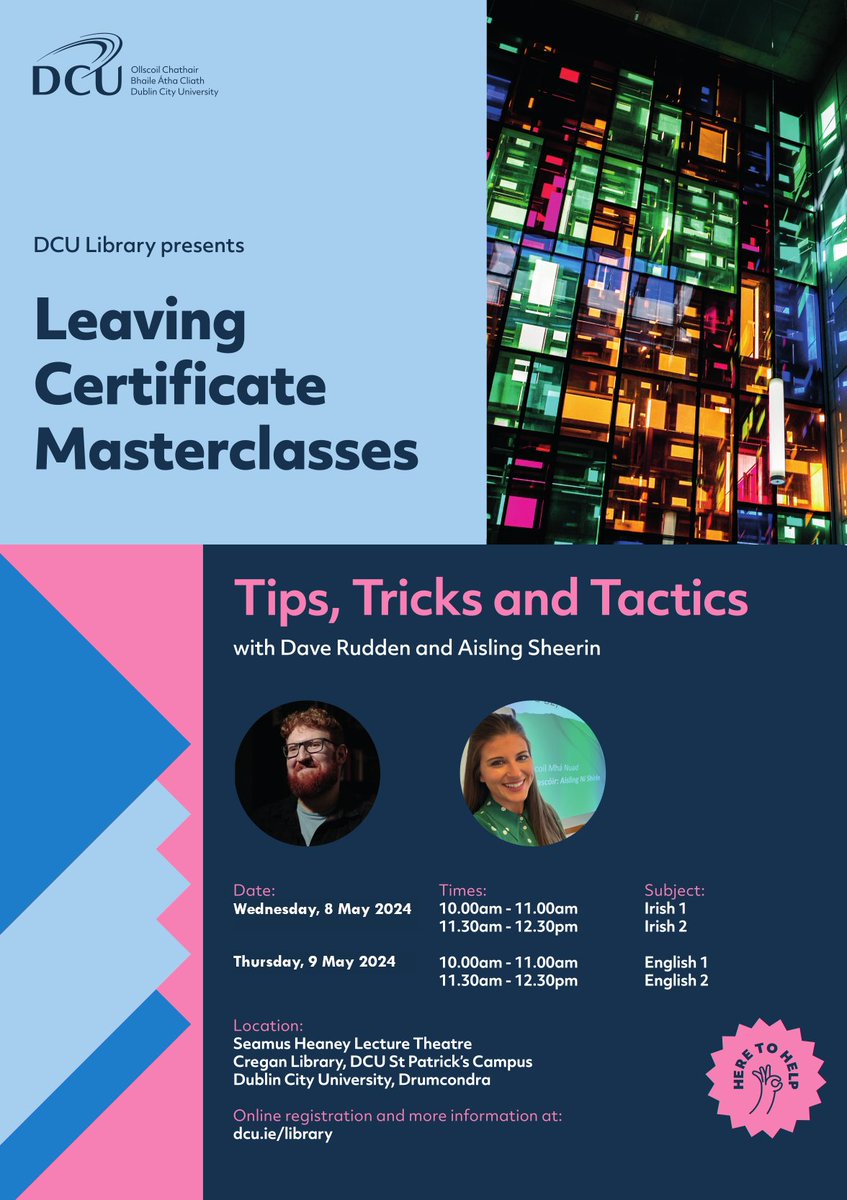 Bookings are flying in for our Leaving Cert Masterclasses for 6th year students! Have you signed up to get tips tricks and tactics for your Irish & English exams? Registration is also open for our Leaving Cert study scheme running from 7th May. Register at dcu.ie/library