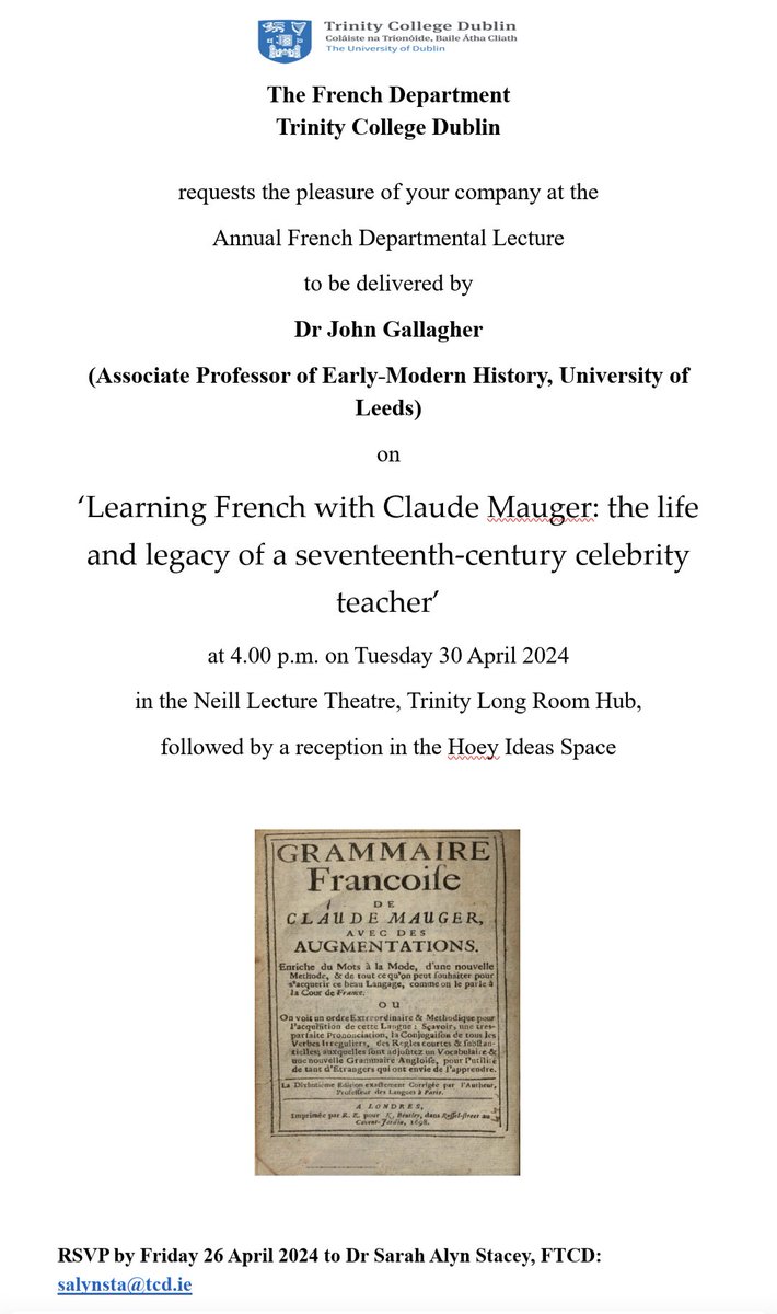 This is happening on Tuesday at 4pm at @TLRHub — I'm very much looking forward to returning to @TCDFrench to give this year's Annual Lecture.