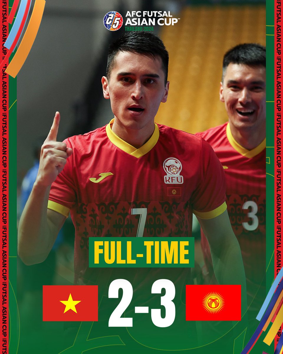 FT | 🇻🇳 Vietnam 2️⃣-3️⃣ Kyrgyz Republic 🇰🇬

Kyrgyz Republic will play Afghanistan at the Playoff 3 for a spot at #FutsalWC! 

#ACFutsal2024 | #VIEvKGZ