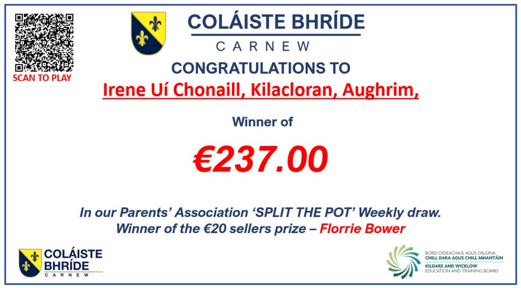 Congratulations to Irene Uí Chonaill, Killacloran, Aughrim, who is this week's winner of €237.00 in our Parents' Association Weekly SPLIT THE POT draw. donorbox.org/colaiste-bhrid…