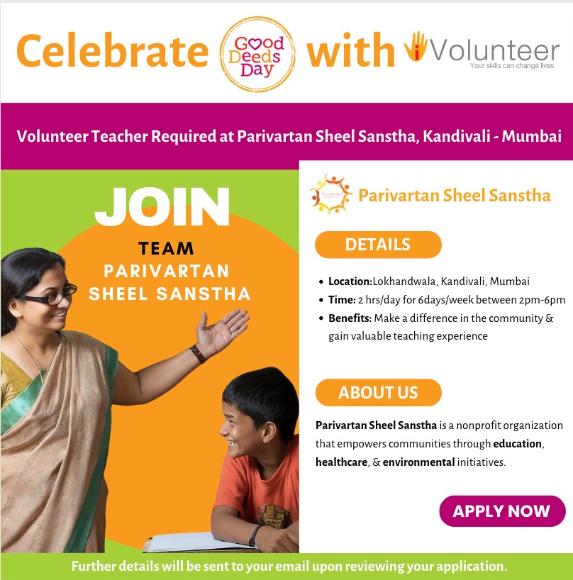 Want to inspire the next generation while giving back to the community? Parivartan Sheel Sanstha invites you to join them as a Volunteer Teacher at their community center in Mumbai! Ready to make a difference? Register now! ivolunteer.in/opportunity/a0… #Education #TeachAndInspire