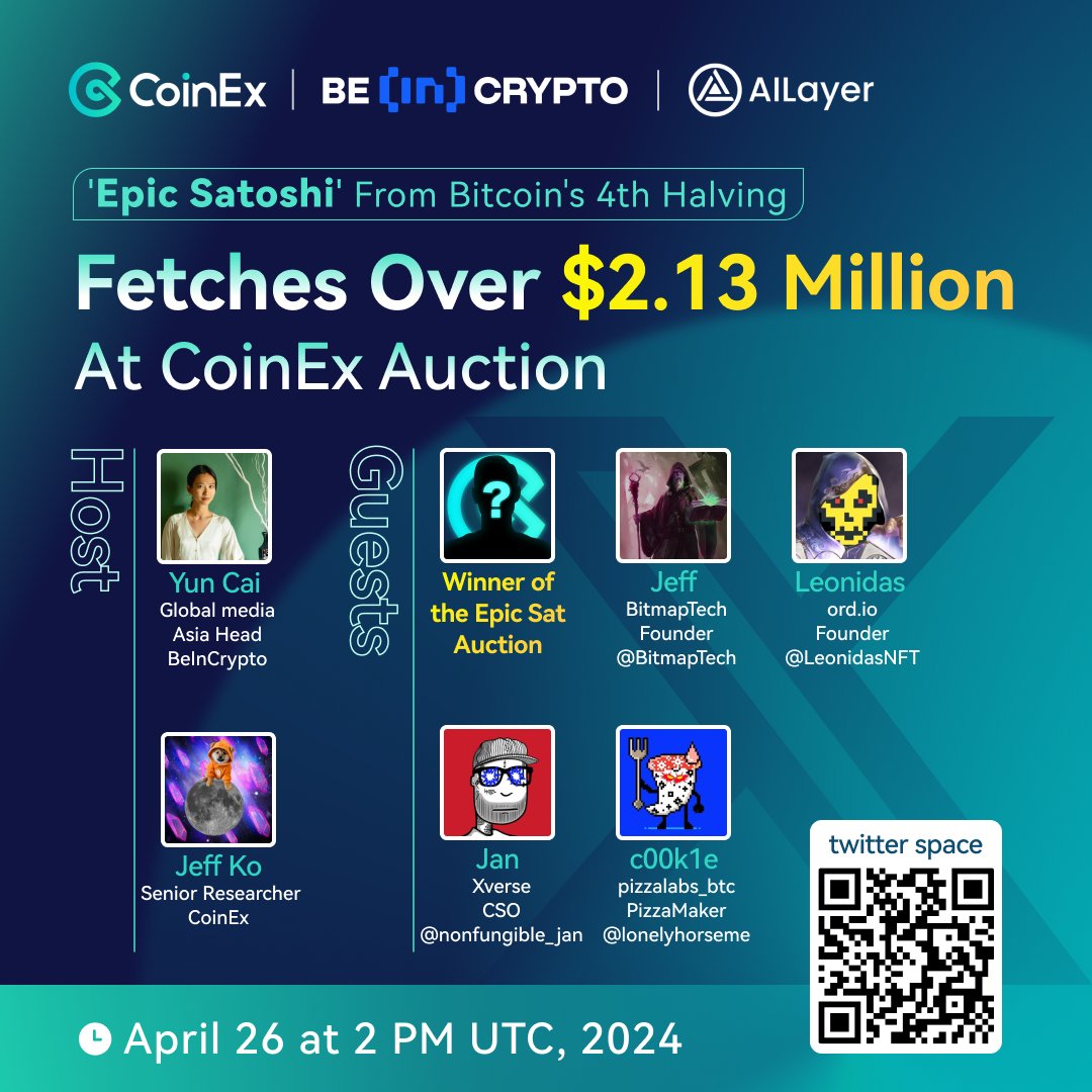 Our epic sat auction closed at $2.13M, making it one of the most valuable ever! Join the winner & leaders to discuss the growing #Bitcoin ecosystem. #AMA 📅: April 26, 2 PM UTC 📍: twitter.com/i/spaces/1OwGW… 🎤: @Yun83730154 - Asia Head of @beincrypto @jkchingjk - Senior…